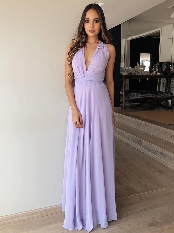 A-Line V-Neck Floor-Length Lilac Chiffon Prom Bridesmaid Dress PDL74