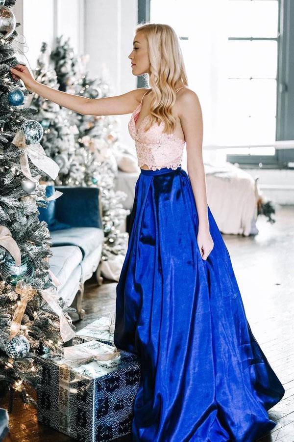 Two Piece Spaghetti Straps Floor-Length Royal Blue Prom Dress with Lace Bodice PDL92
