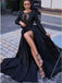 A-Line Round Neck Long Sleeves Black Long Prom Dress PDK61