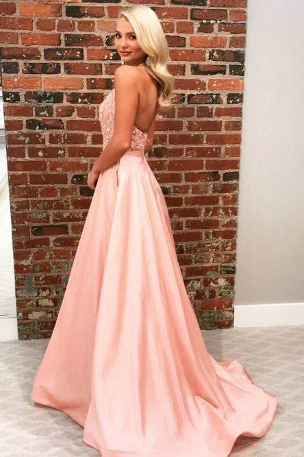 A-Line Halter Backless Sweep Train Pink Prom Dress with Appliques PDN21