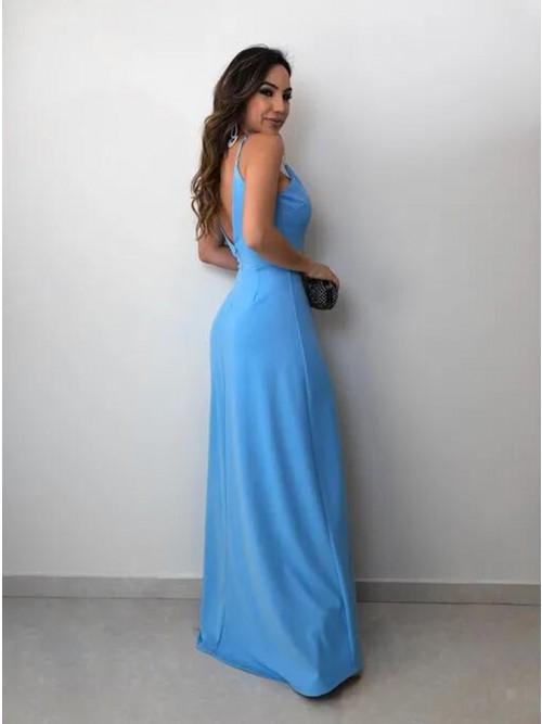 A-Line Spaghetti Straps Floor-Length Sky Blue Prom Dress with Split PDN30