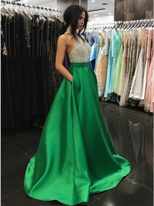 A-Line Halter Backless Sweep Train Royal Blue Prom Dress with Beading Pockets PDN33