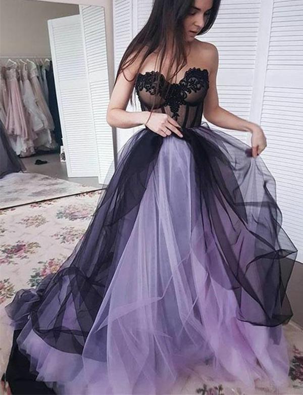 New Arrival Sweetheart Long Tulle Sleeveless Lilac Black Prom Dress with Appliques PDH42