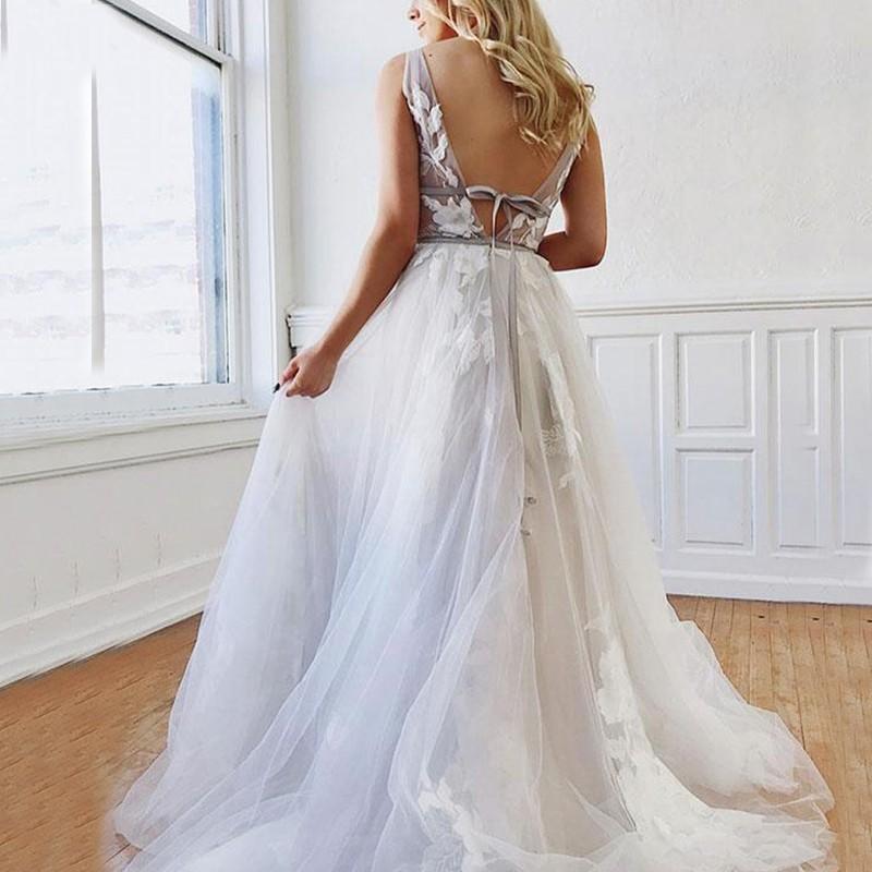 A Line Deep V-Neck Backless White Tulle Prom Dress With Appliques PDQ63