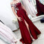 A Line Off the Shoulder Short Sleeves Burgundy Satin Prom Dress With Split PDQ64