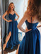 A Line Spaghetti Blue Prom Dresses, Long Split Cheap Evening Dress PDI87