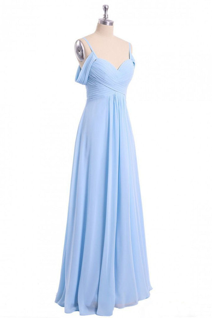 A-line Sky Blue Long Bridesmaid Dress, Off Shoulder Chiffon Long Prom Dress PDO81
