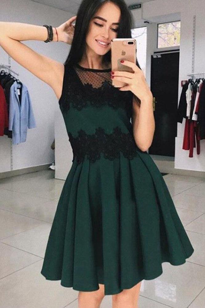 Cute A Line Round Neck Black Lace Short Homecoming Dresses, Little Black Dresses PPD58