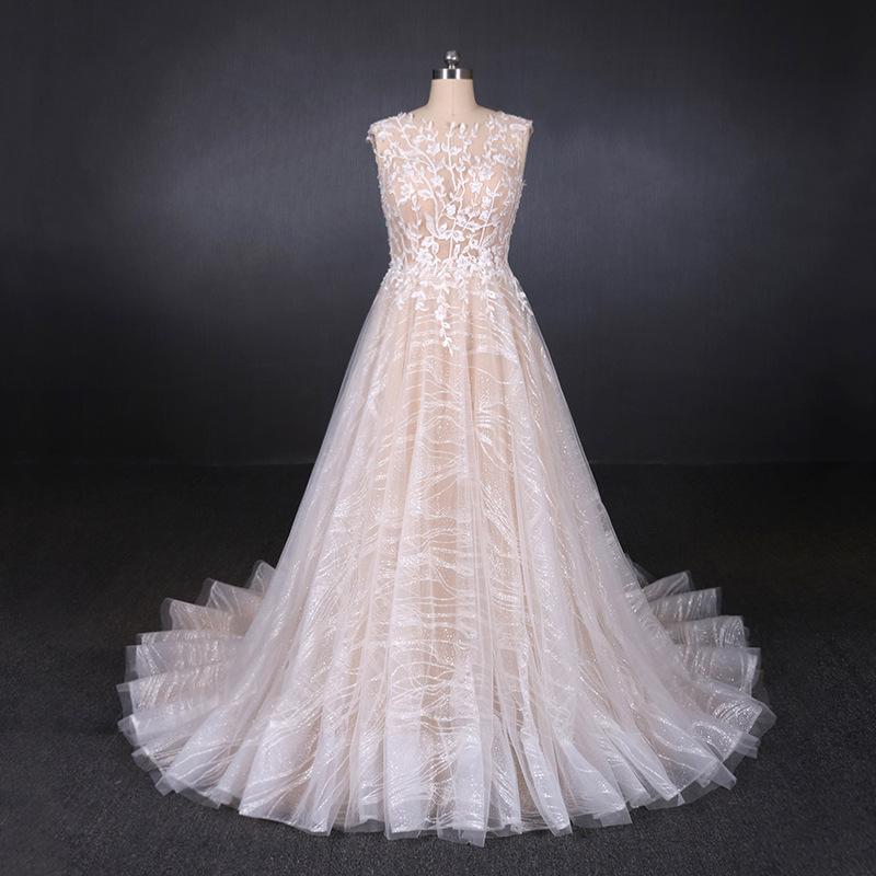 A Line Lace Sleeveless Elegant Wedding Dress, Backless Long Bridal Dresses PDQ27