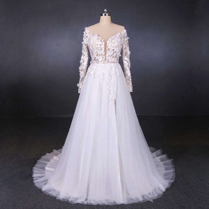 A Line Tulle Lace Appliques Long Sleeves Wedding Dress, Cheap Bridal Dresses PDQ28
