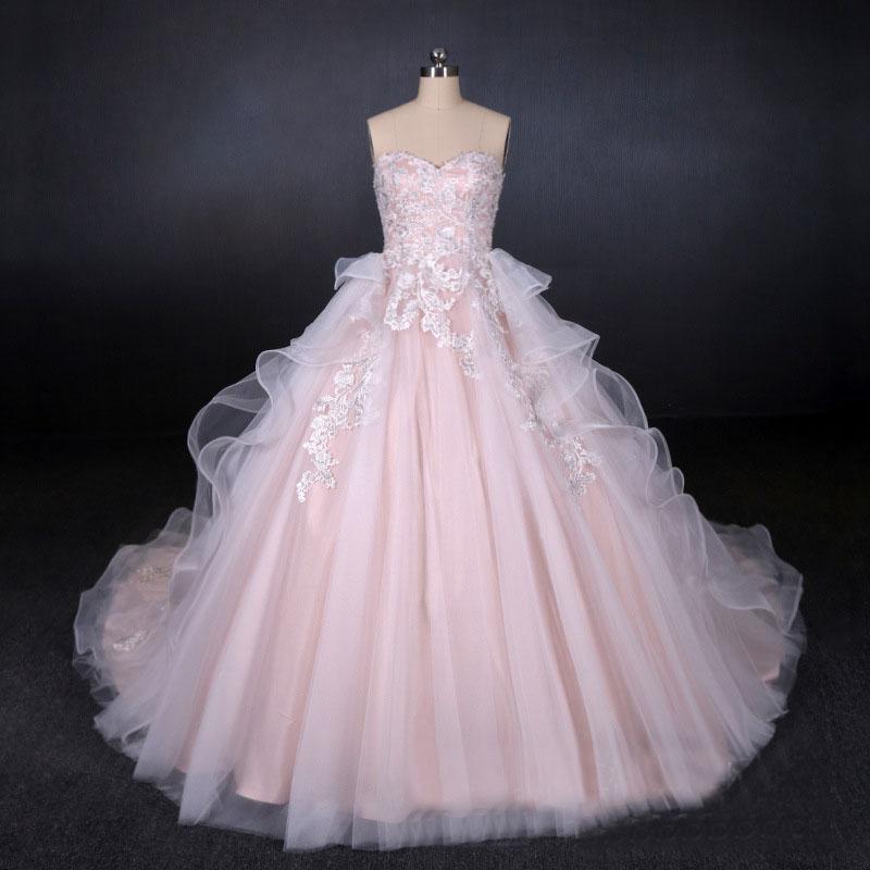 Romantic Pearl Pink Ball Gown Wedding Dress, Sweetheart Appliques Bridal Gown PDQ24
