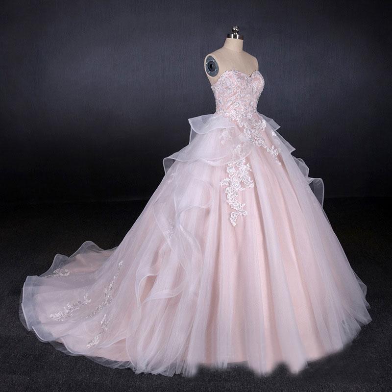 Romantic Pearl Pink Ball Gown Wedding Dress, Sweetheart Appliques Bridal Gown PDQ24
