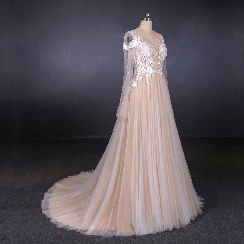 Charming A Line Long Sleeves Lace Appliques Tulle Wedding Dress PDQ30