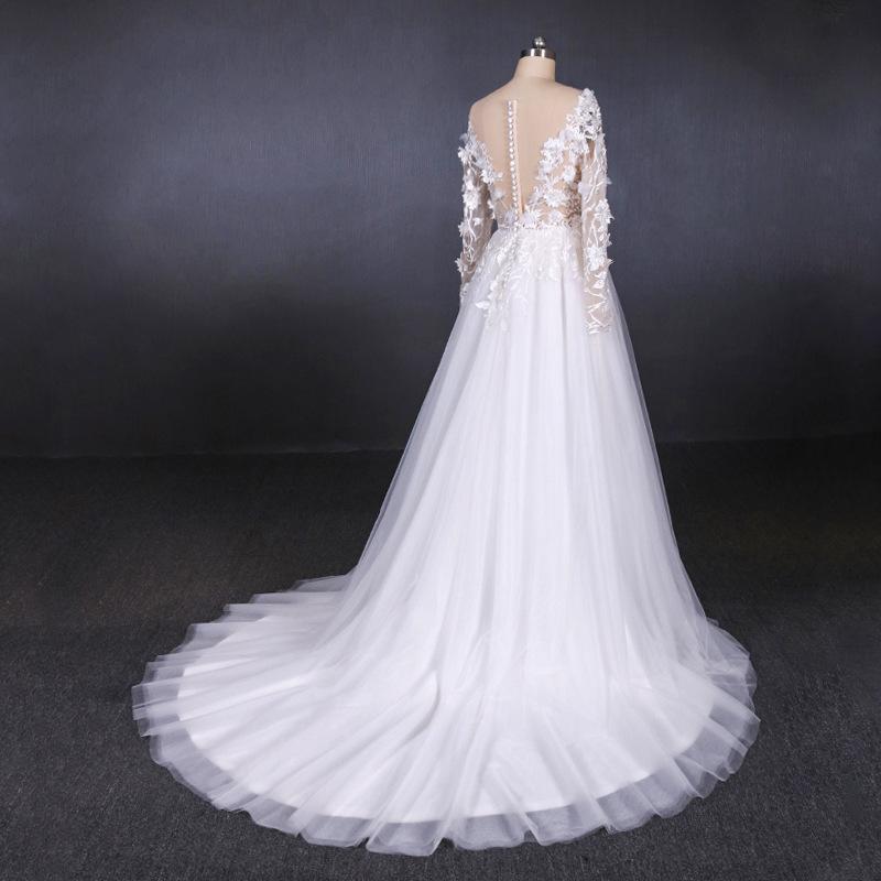 A Line Tulle Lace Appliques Long Sleeves Wedding Dress, Cheap Bridal Dresses PDQ28