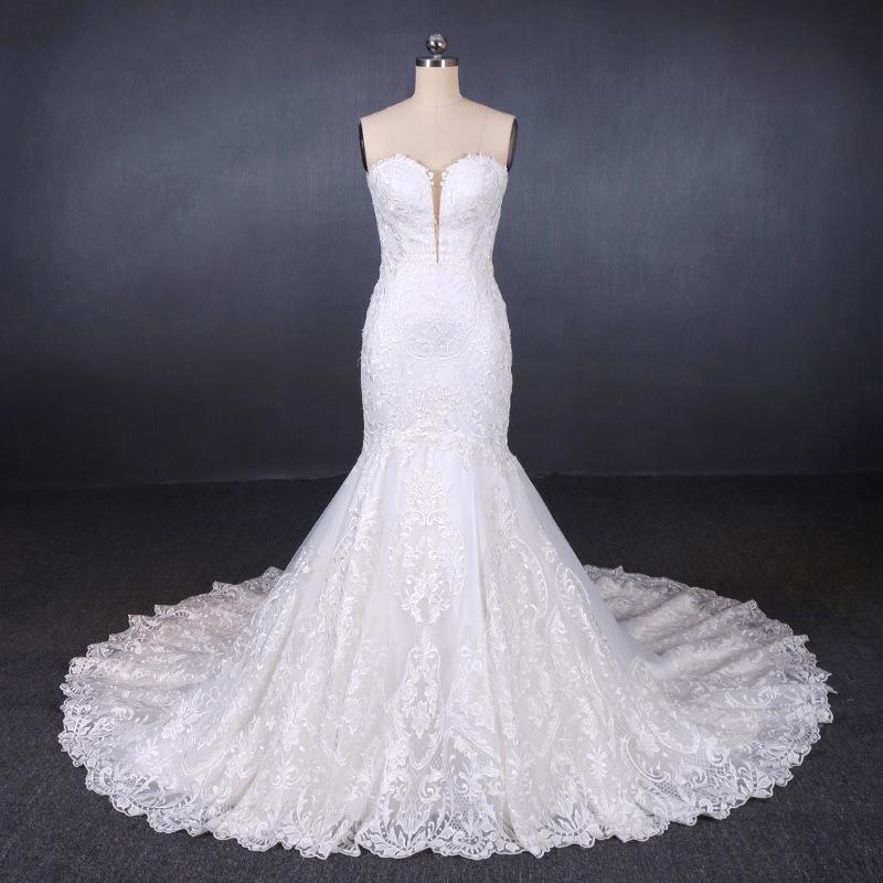 Sweetheart Mermaid Lace Appliques Button Back Long Wedding Dress PDQ29