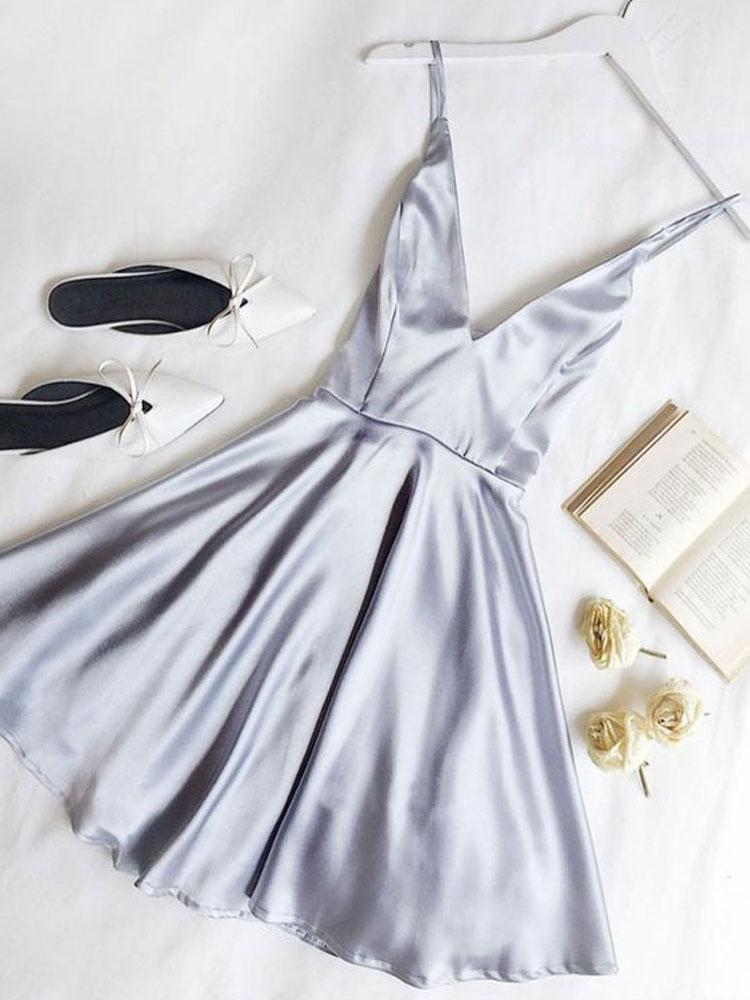 Cute A Line V Neck Satin Short Homecoming Dresses with Pockets PPD70