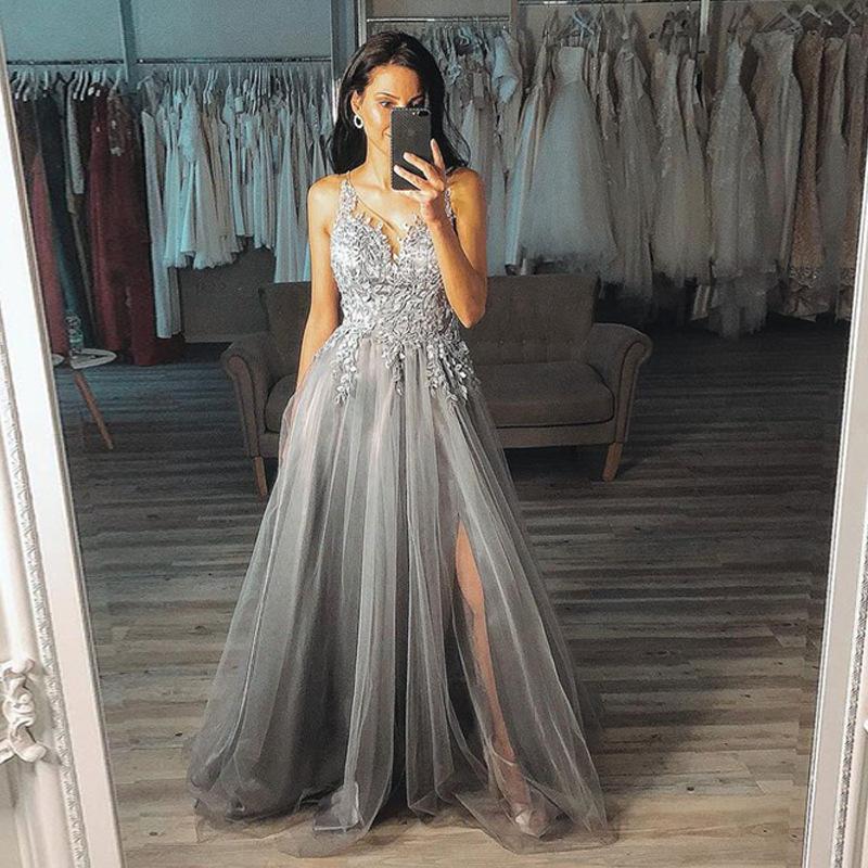 Grey A Line V Neck Long Appliques Tulle Prom Dress PDP66