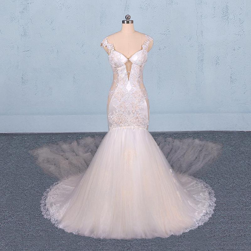 Charming Mermaid Tulle Wedding Dress, Chapel Train Long Bridal Gown PDQ14