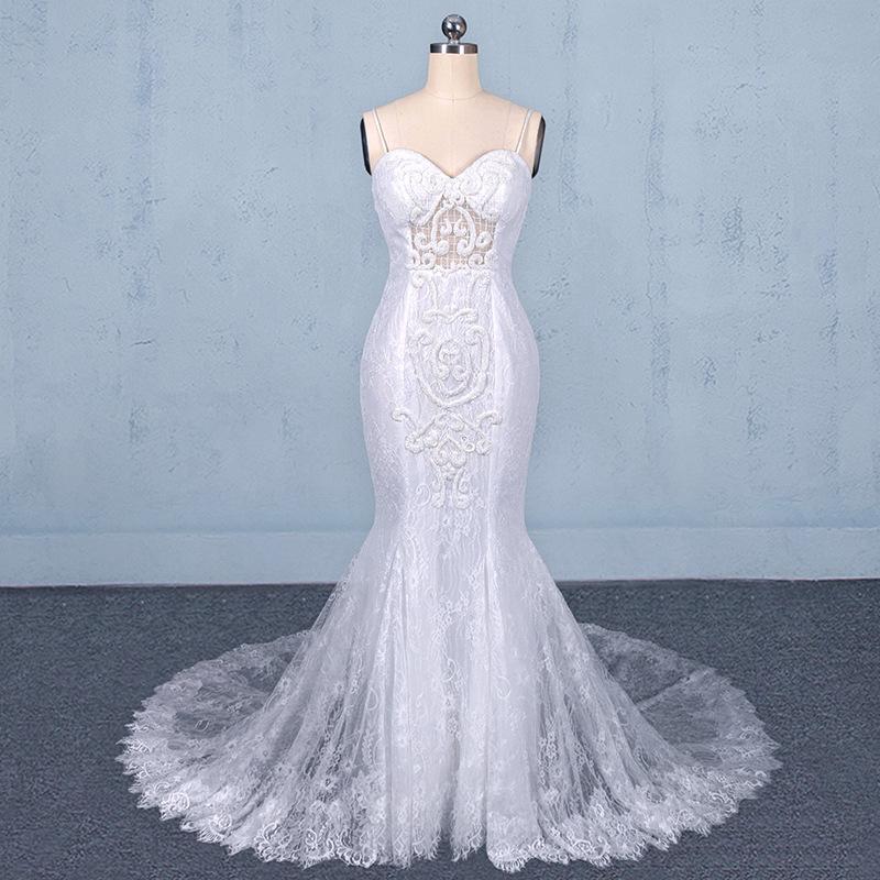 Mermaid Spaghetti Straps Lace Wedding Dress, Fashion Long Bridal Dresses PDQ17
