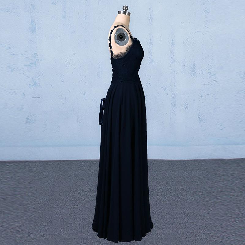 Navy Blue Chiffon V Neck A Line Long Prom Dresses With Lace Top PDQ21