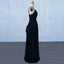 Navy Blue Chiffon V Neck A Line Long Prom Dresses With Lace Top PDQ21