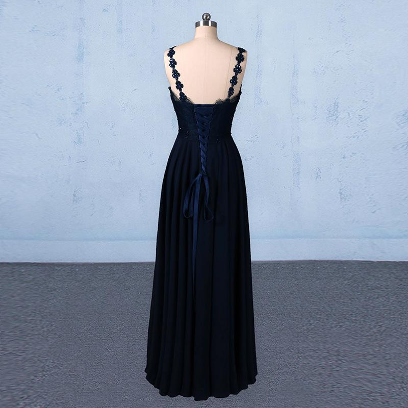 Navy Blue Chiffon V Neck A Line Long Prom Dresses With Lace Top PDQ21