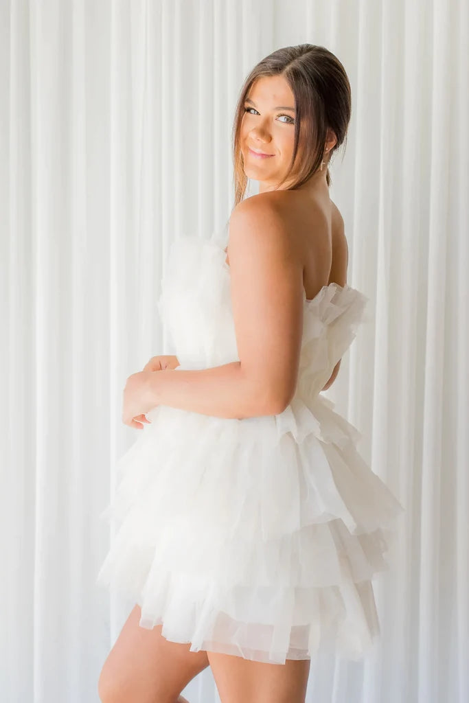 Cute A Line Blue Tulle Tiered Strapless Short Prom Dresses, Homecoming Dress OMH0218