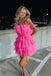 A Line Hot Pink Strapless Tiered Short Homecoming Dress, Short Mini Cocktail Dresses OMH0045