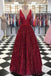 Charming Burgundy V Neck Sleeveless Sequin Prom Dresses A Line Formal Party Dress PDI56