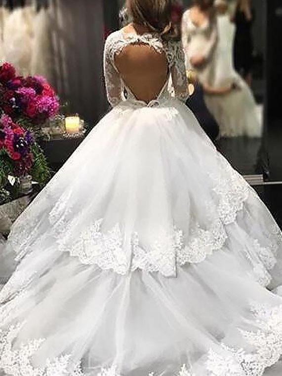 Luxurious Lace Long Sleeves V-neck Layers  Ball Gown Wedding Dresses PDH79