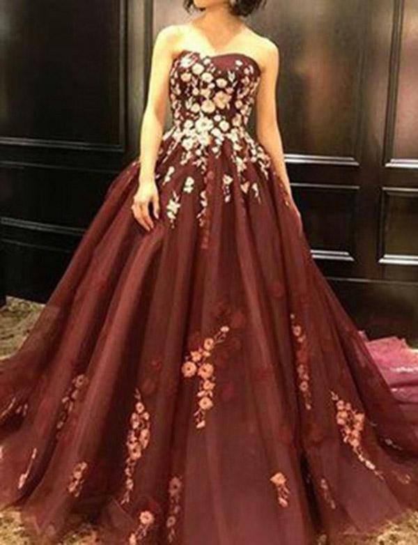 Strapless Burgundy Sleeveless Long Prom Dress with Appliques PDH36