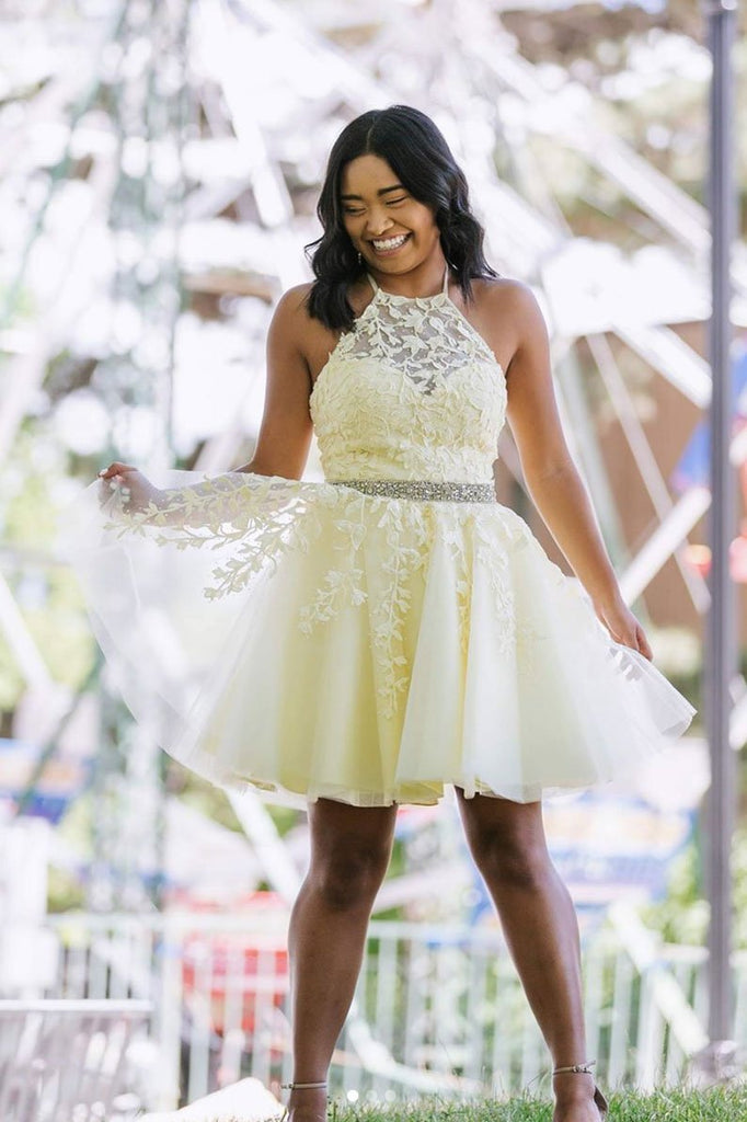 Yellow Tulle Lace Short Prom Dress Beading A Line Homecoming Dress PDP41