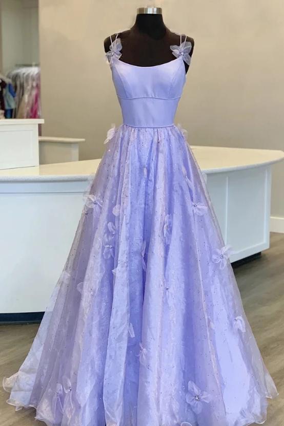 A line Lilac Tulle Long Spaghetti Straps Prom Dresses Handmade Flower Evening Dress TD93