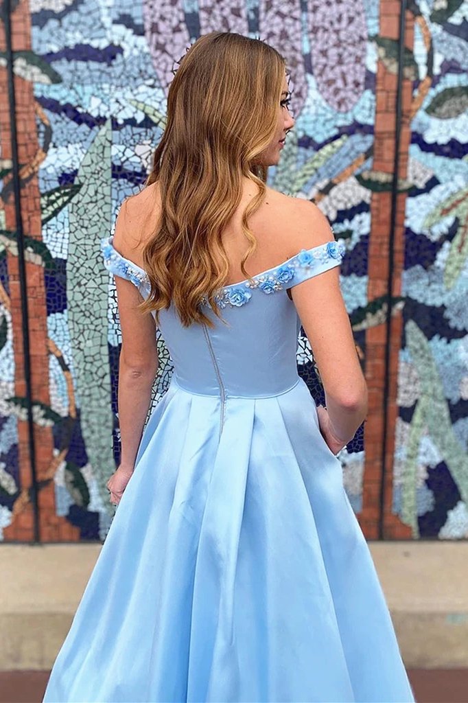 Light blue 3d flowers long prom dresses, off shoulder long graduation dresses mg04