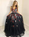 Charming V-Neck Black Floral Appliques Beading Sleeveless Long Prom Dress PDI40