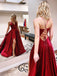 Simple Burgundy Backless Satin Long Prom Dresses, A-line V-neck Formal Evening Dresses TD51