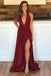 Simple Burgundy V Neck Satin Long Prom Dresses, Backless Formal Evening Dresses TD53