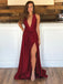 Burgundy v neck long prom dresses, backless formal evening dresses mg15