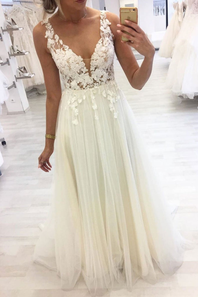 Unique V Neck Lace Applique Long Prom Dress A Line Tulle Formal Dresses PDQ37