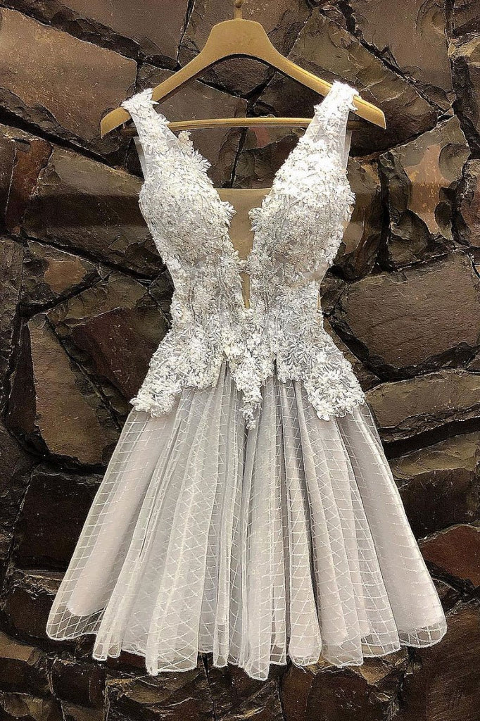 Gray Tulle Lace Short Prom Dress, V Neck Homecoming Dress PDP32
