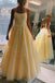 A-Line Yellow Spaghetti Straps Tulle Long Prom Dresses With Appliques PDS48