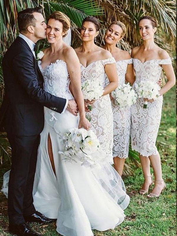 Elegant Off the Shoulder White Lace Tea Length Bridesmaid Dress PDN1
