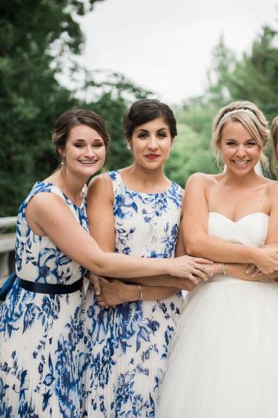 Scoop Ink Blue Print Bridesmaid Dress with Belt PPD93