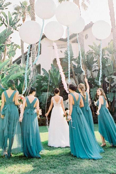 High-Low Teal V Neck A Line Bridesmaid Dress with Pleats PPD96