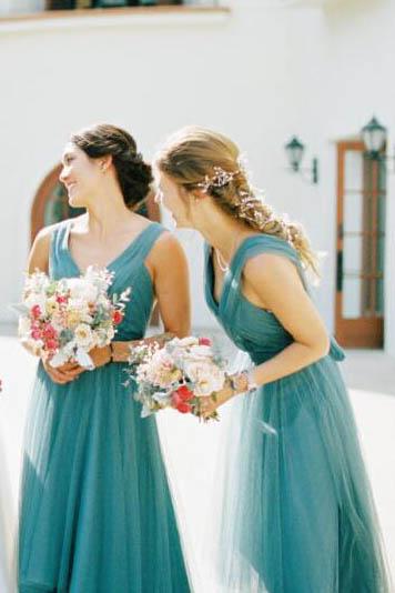 High-Low Teal V Neck A Line Bridesmaid Dress with Pleats PPD96