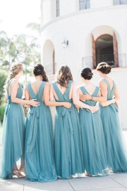 High-Low Teal V Neck A Line Bridesmaid Dress with Pleats PPD96