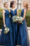 Simple A-Line Satin Navy Blue Bridesmaid Dress with Illusion V Inset PDN2