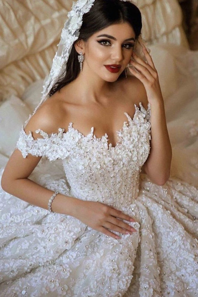A Line Off The Shoulder Tulle Wedding Dresses With Lace Applique PDE66