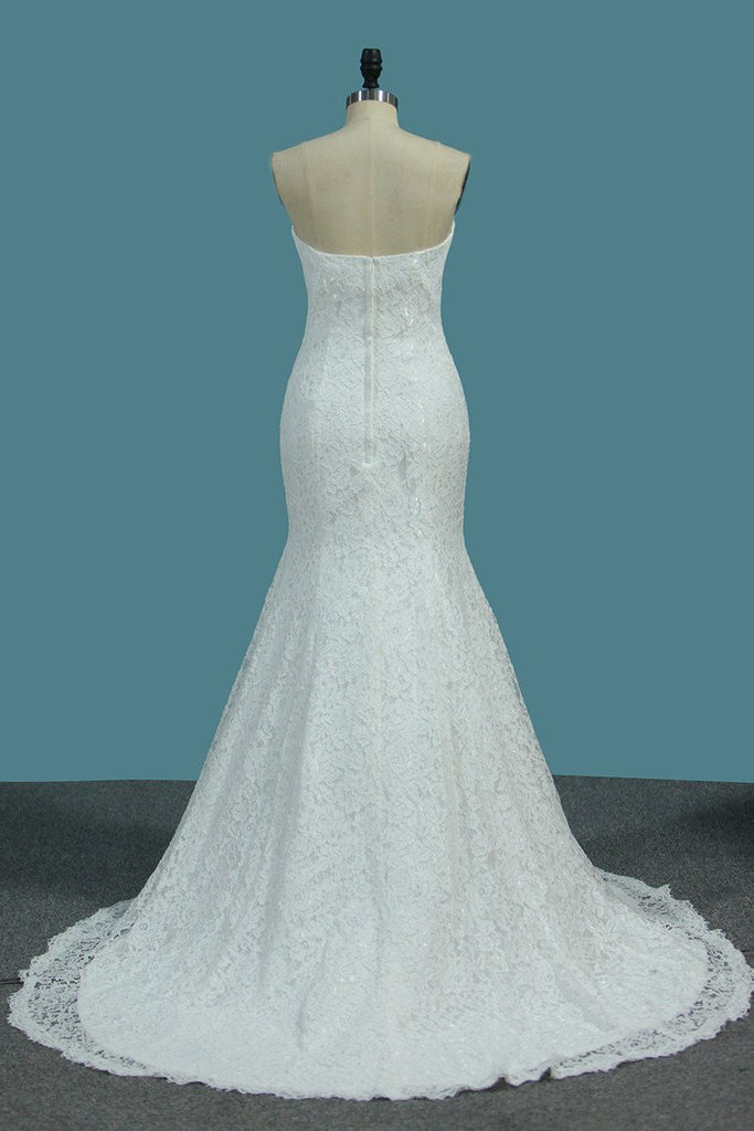 Charming Lace Mermaid Sweetheart Sweep Train Wedding Dresses PDE72