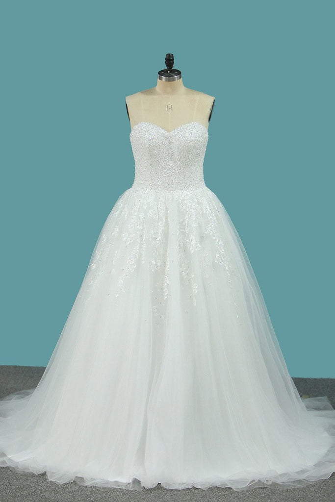 Sweetheart Tulle A Line Wedding Dresses With Applique Beads Sweep Train PDE75